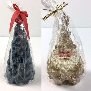 2 Vintage Candles-Christmas Tree Shaped Holly Leaves Red Berries & Gold Santa
